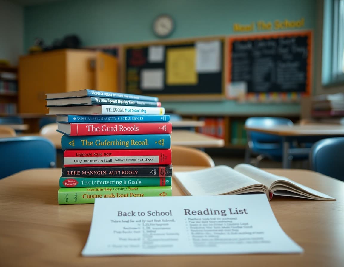 Stack of grade-level books on a classroom desk with a back to school reading list nearby
