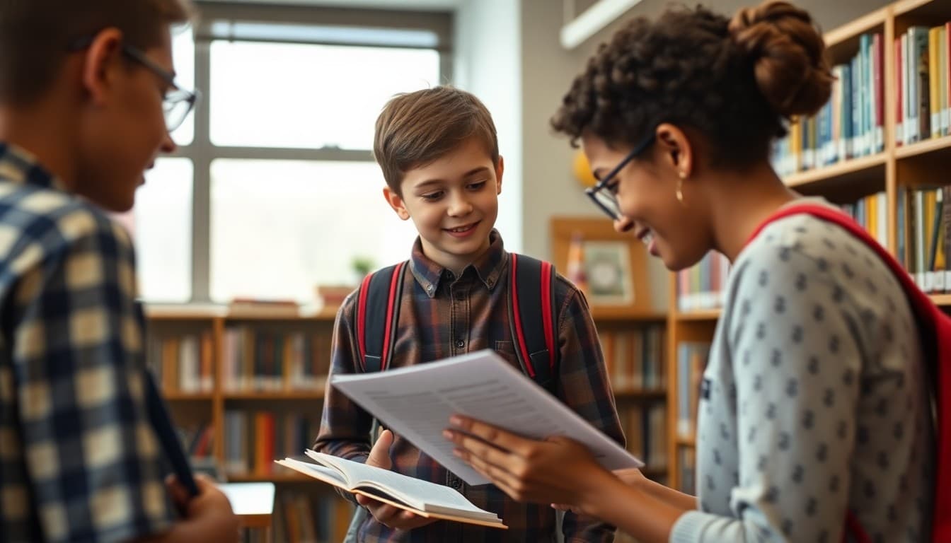 Student receiving a back to school reading list from their teacher in a school library