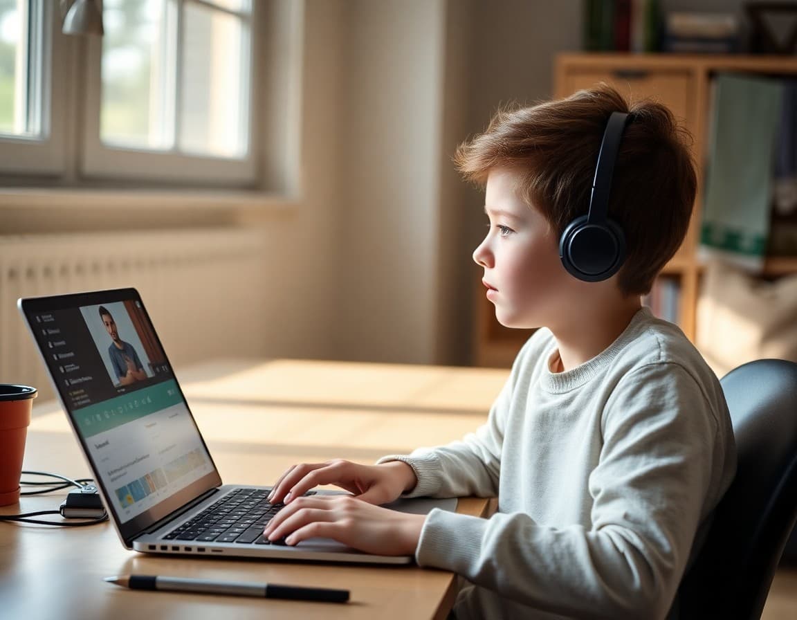 Student attending virtual classroom on laptop from home during remote learning session