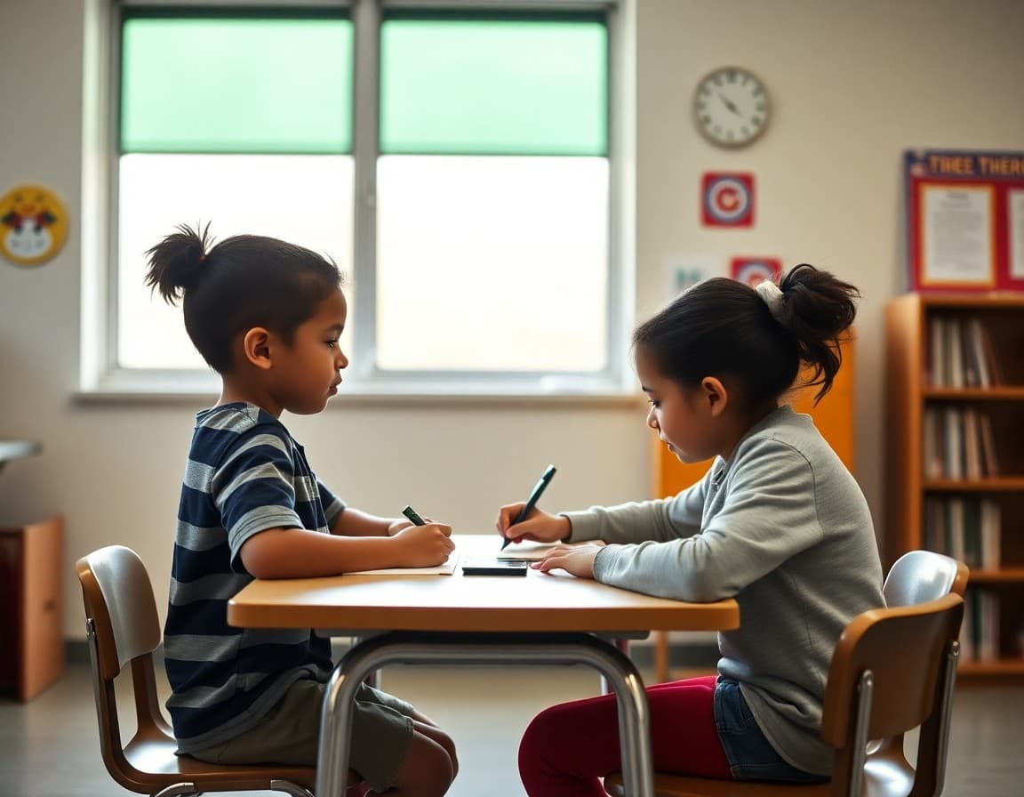 Student working one-on-one with a special education aide at a small table in a resource room
