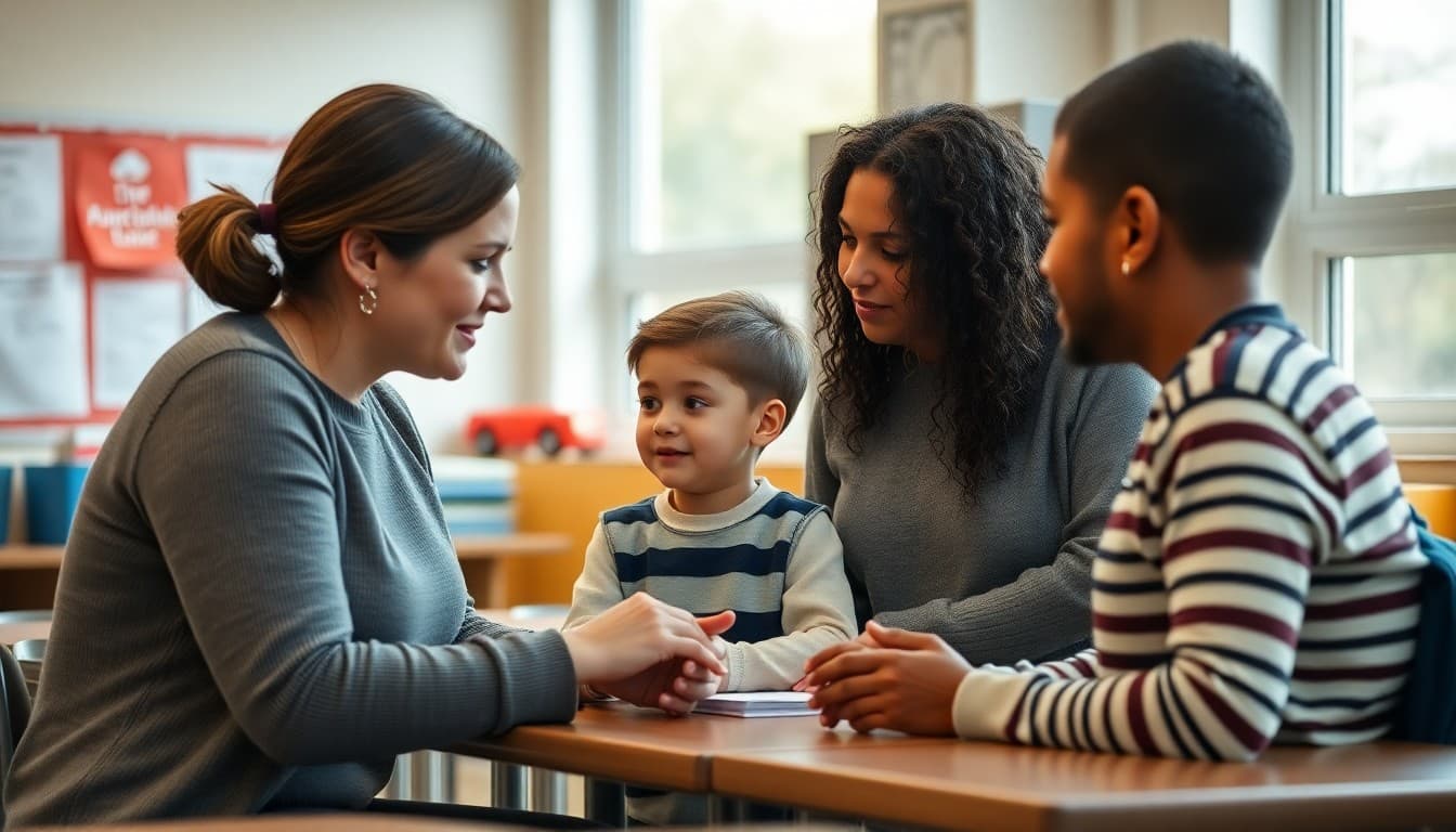 Special education teacher meeting with a family and student before school starts in a classroom