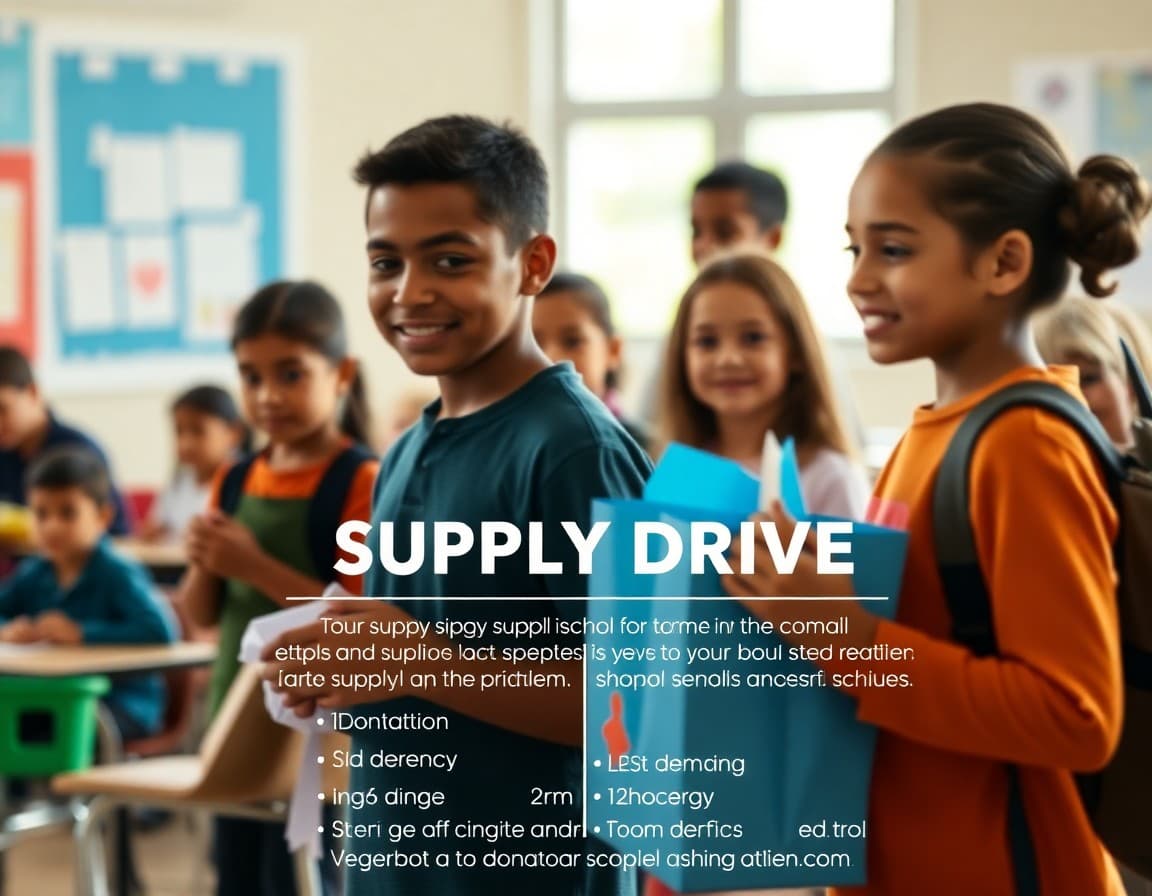 Supply drive newsletter template with donation item list and drop-off location details
