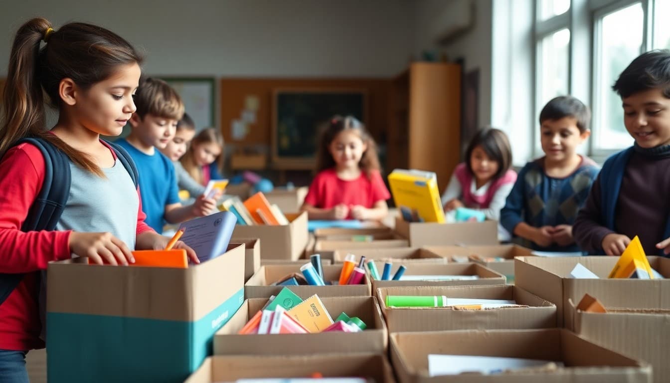 School collecting donated school supplies in boxes to distribute to students in need before school starts