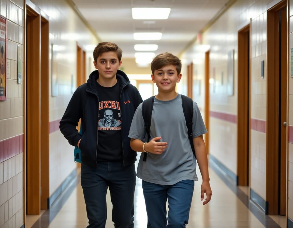 Middle school transfer student walking through school hallway with a student buddy guide