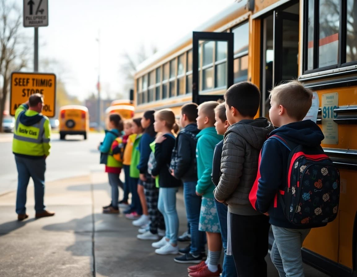 Elementary students lined up safely at a school bus stop with a crossing guard nearby