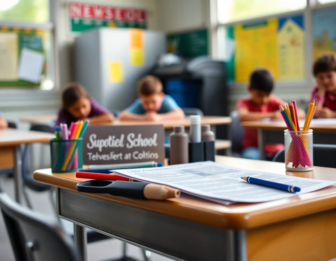 Back to school supplies and newsletter printed on desk ready for first week of school