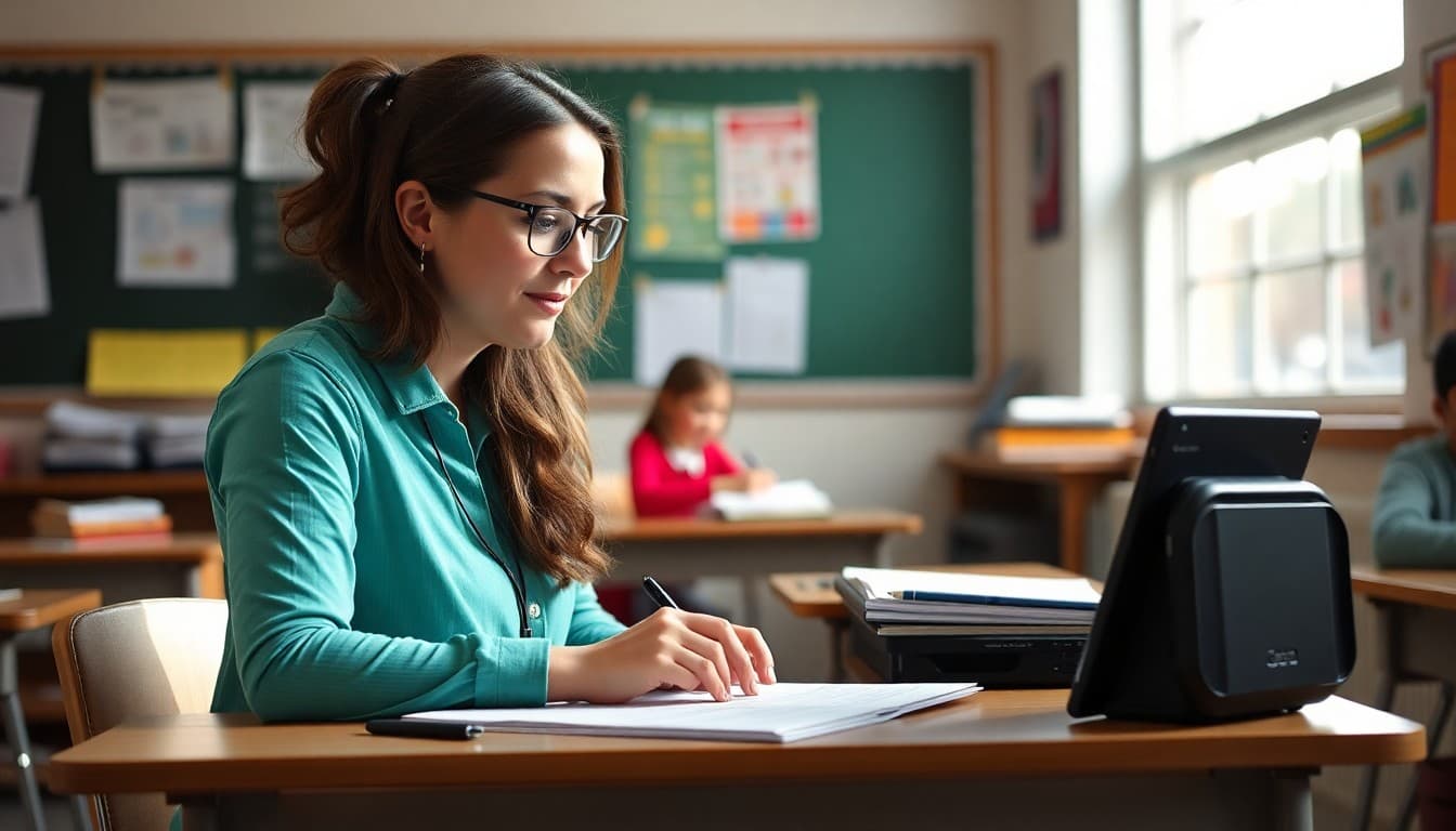 California teacher preparing back to school newsletter at classroom desk before first day