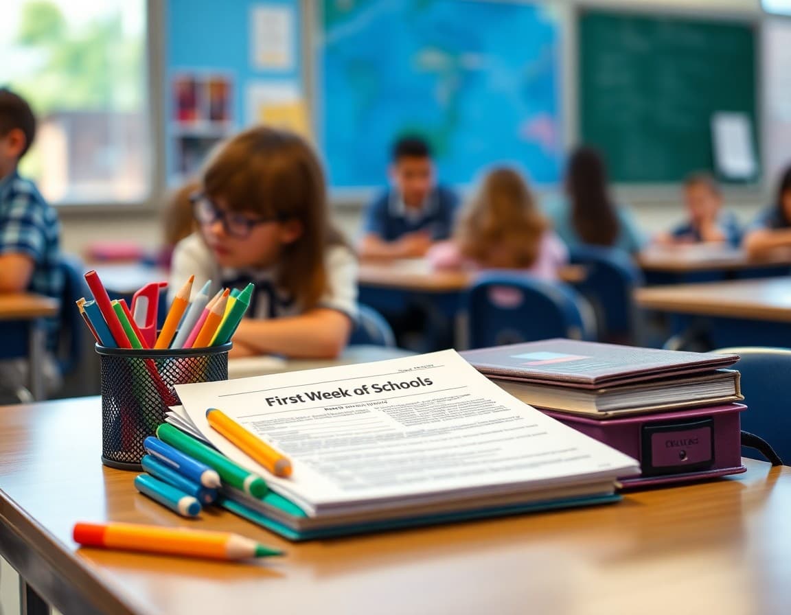 Back to school supplies and newsletter printed on desk ready for first week of school