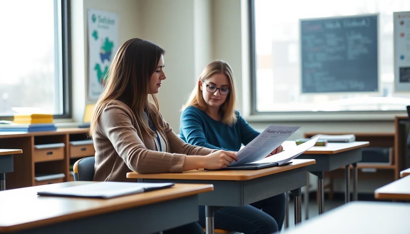 Colorado teacher preparing back to school newsletter at classroom desk before first day
