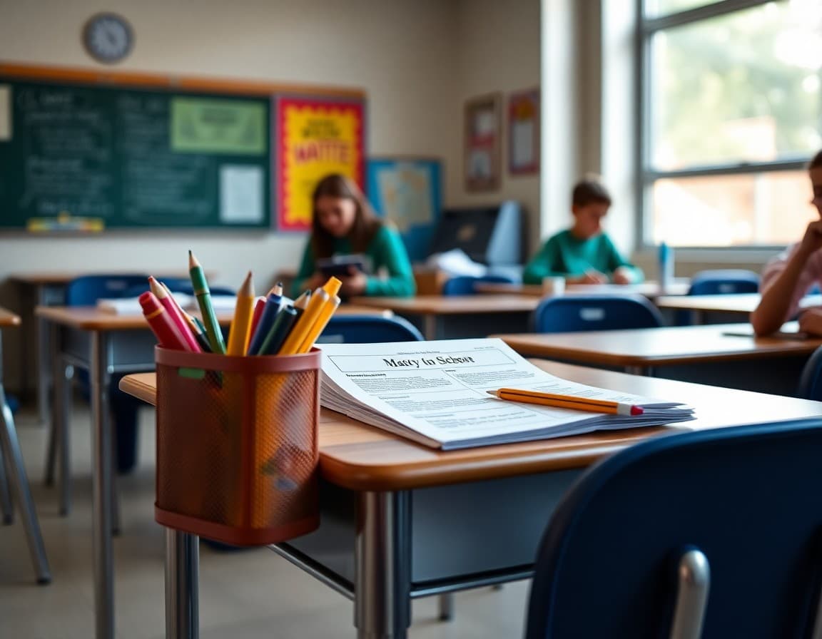 Back to school supplies and newsletter printed on desk ready for first week of school