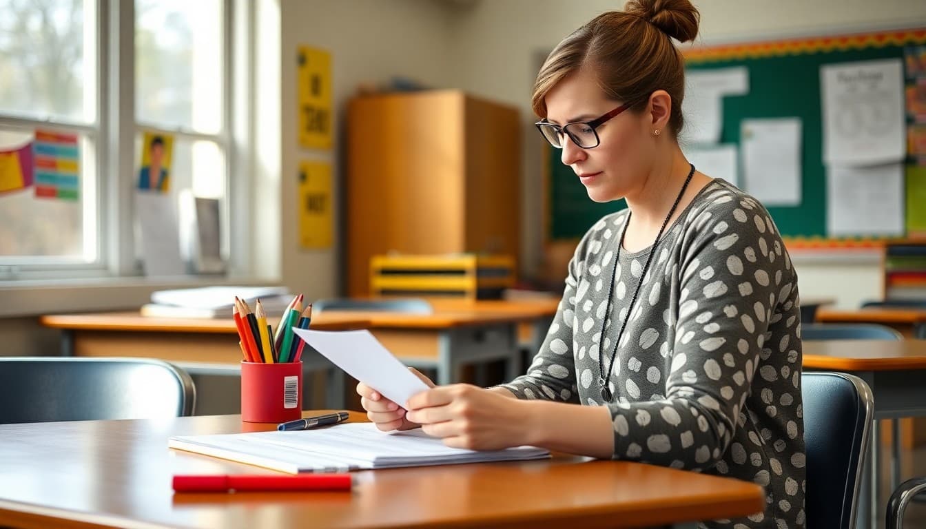 Connecticut teacher preparing back to school newsletter at classroom desk before first day