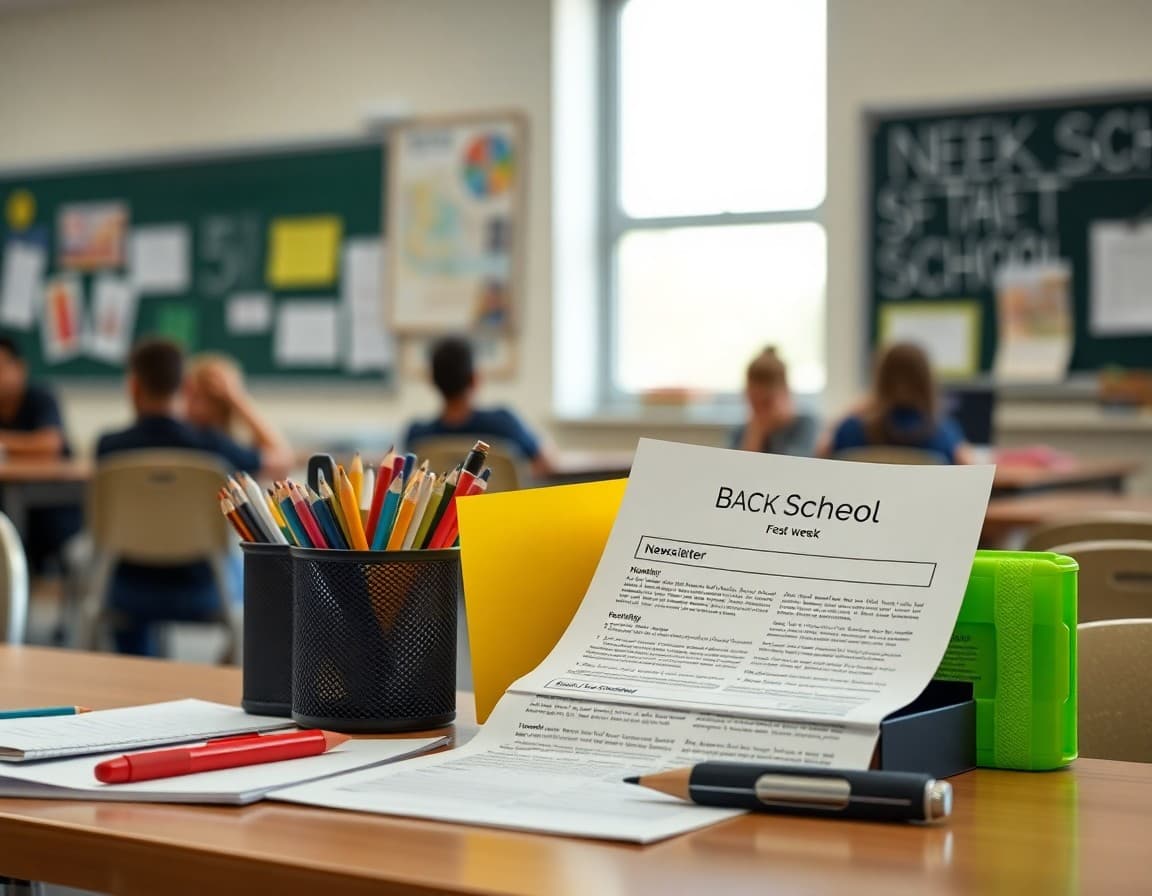 Back to school supplies and newsletter printed on desk ready for first week of school