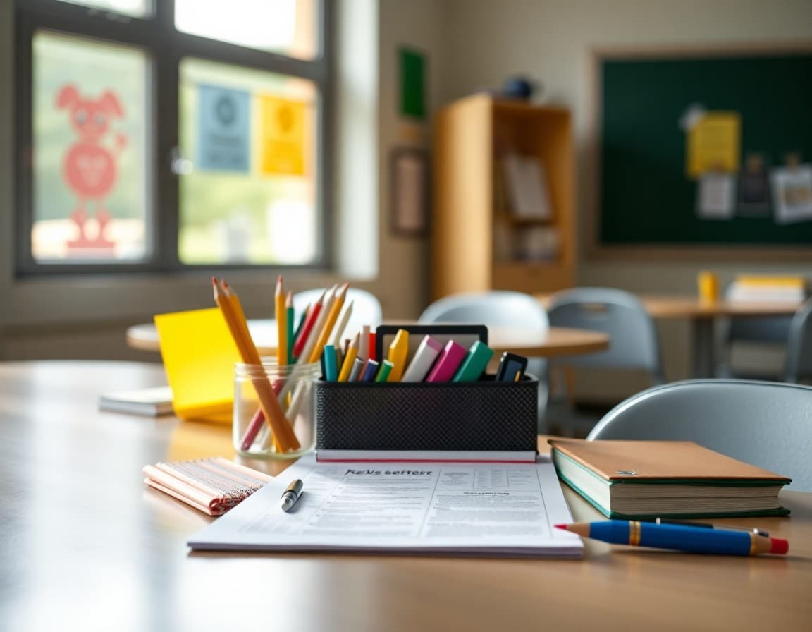 Back to school supplies and newsletter printed on desk ready for first week of school