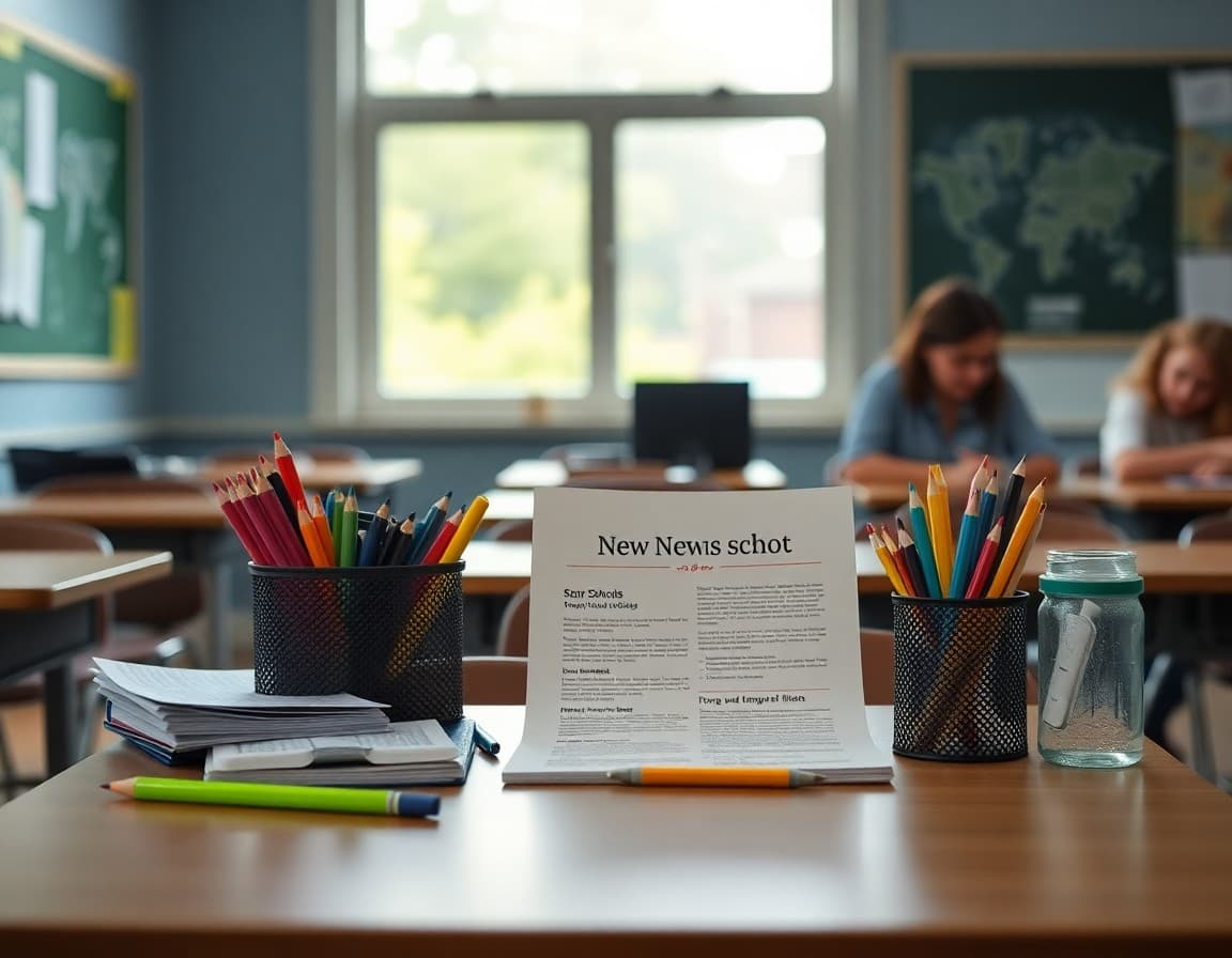Back to school supplies and newsletter printed on desk ready for first week of school