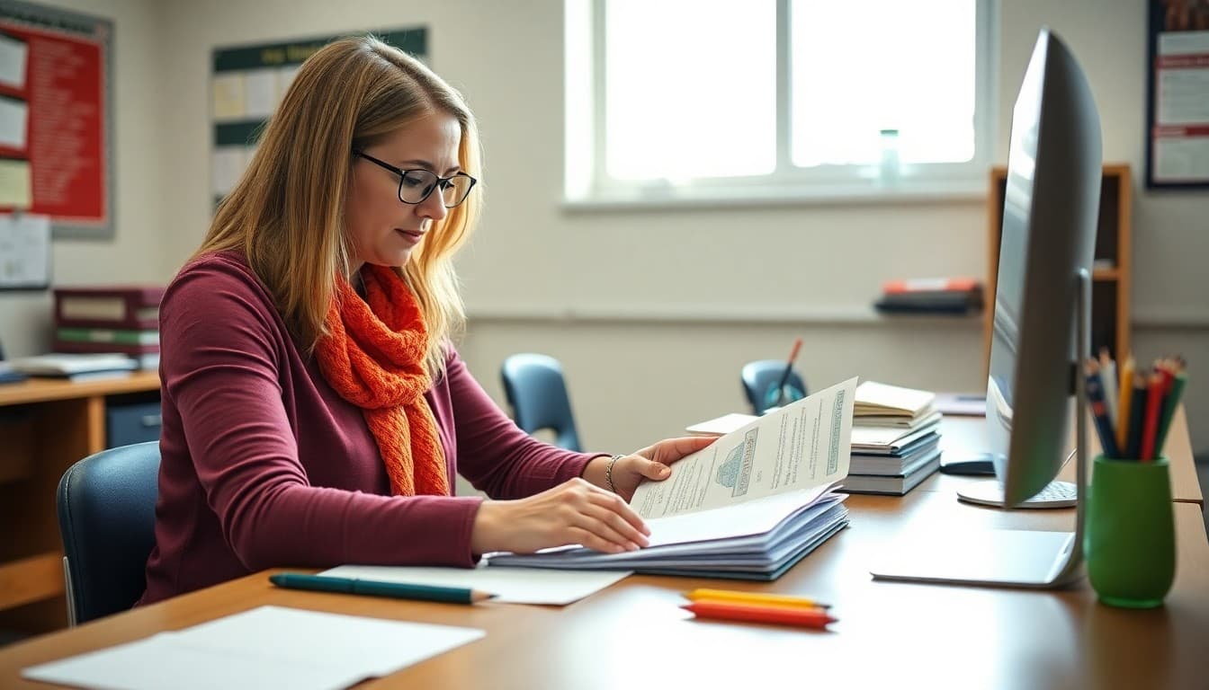 Idaho teacher preparing back to school newsletter at classroom desk before first day