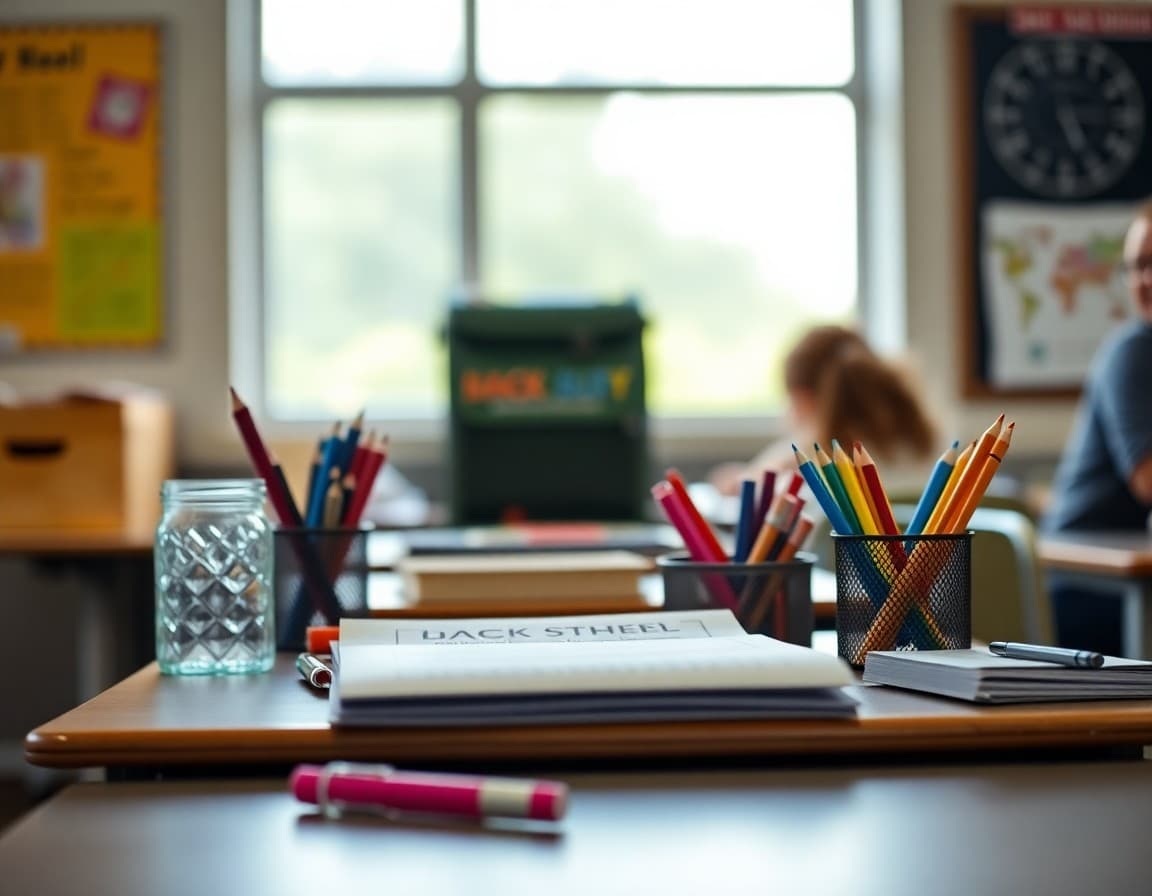 Back to school supplies and newsletter printed on desk ready for first week of school