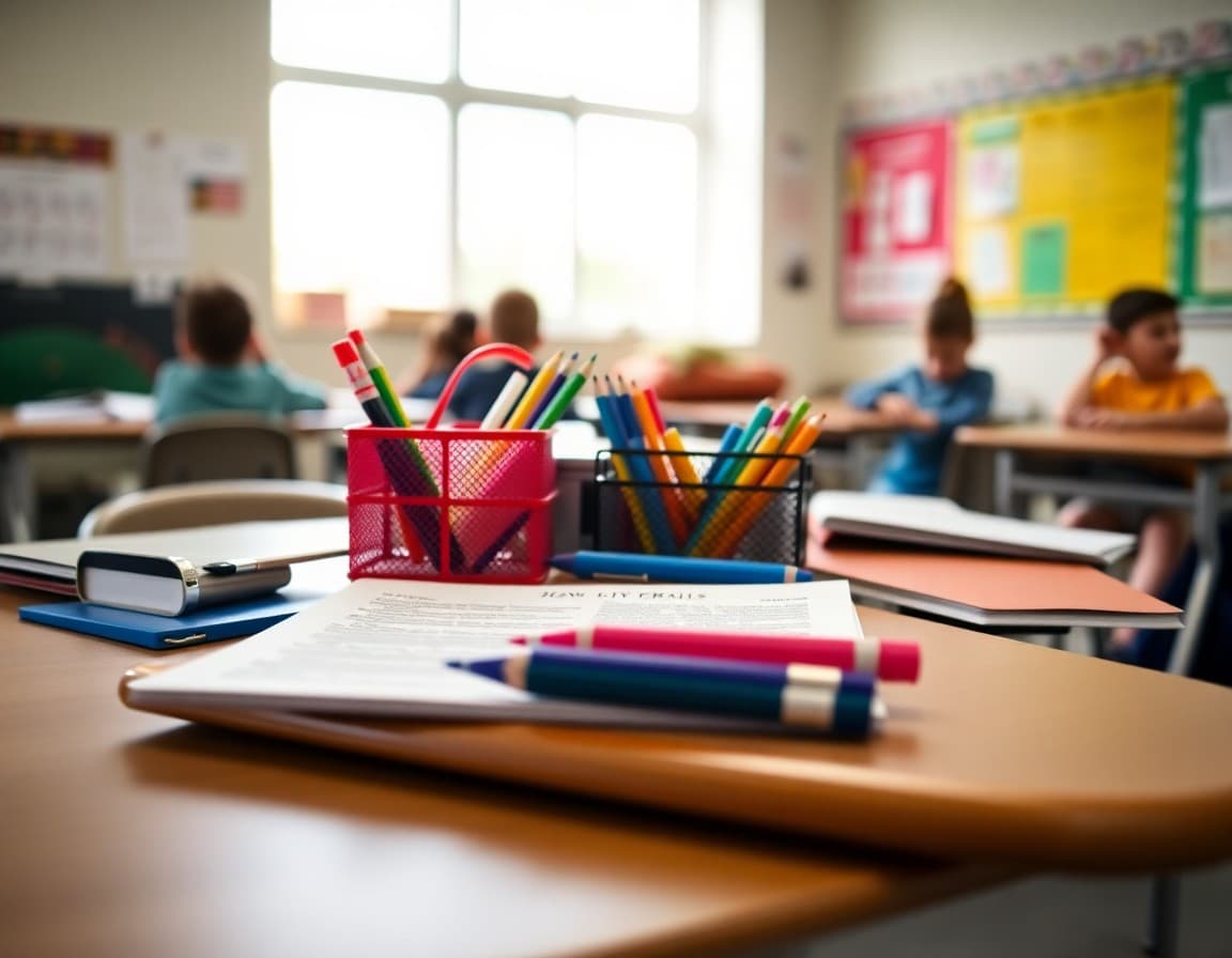 Back to school supplies and newsletter printed on desk ready for first week of school