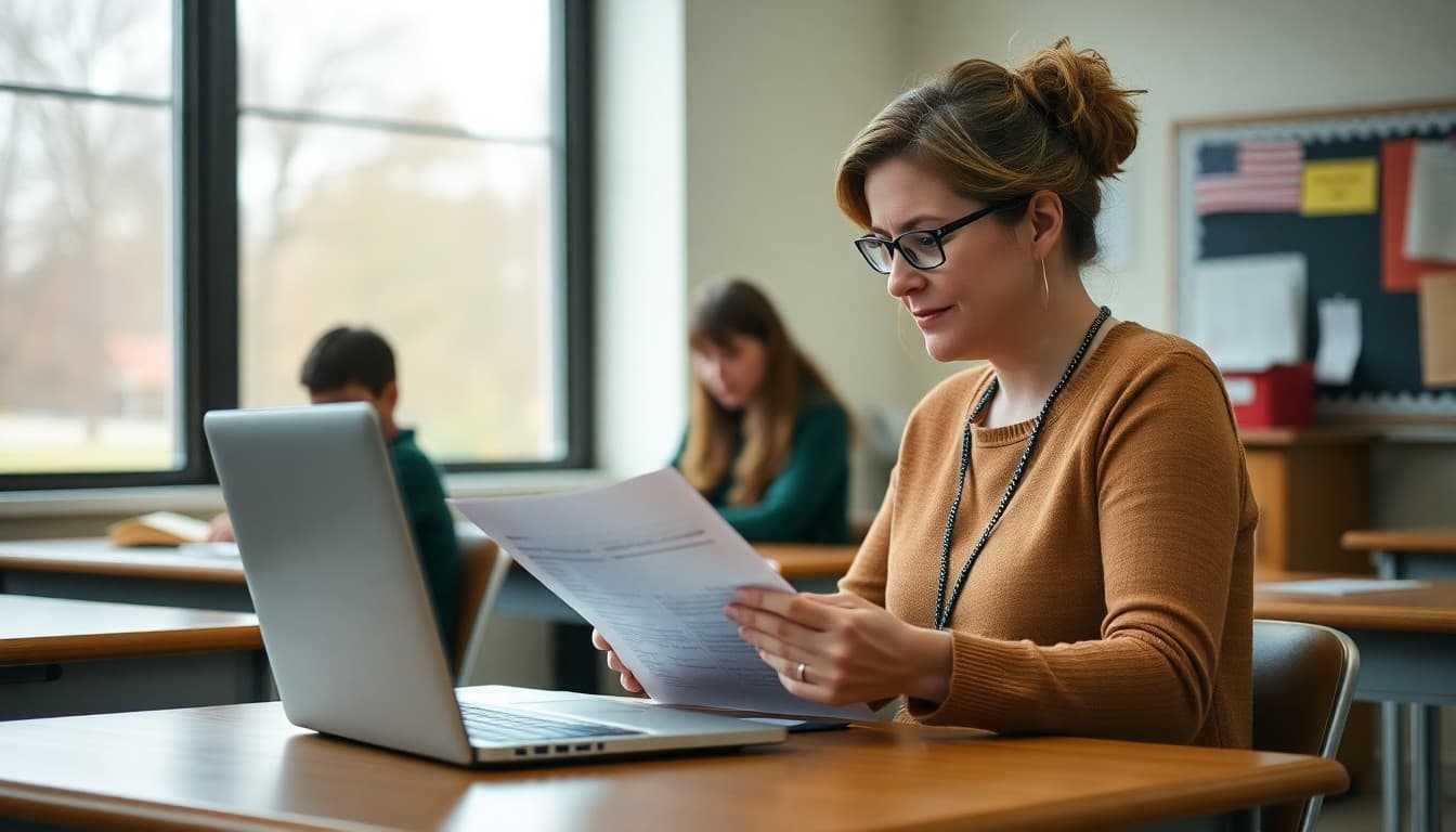 Indiana teacher preparing back to school newsletter at classroom desk before first day