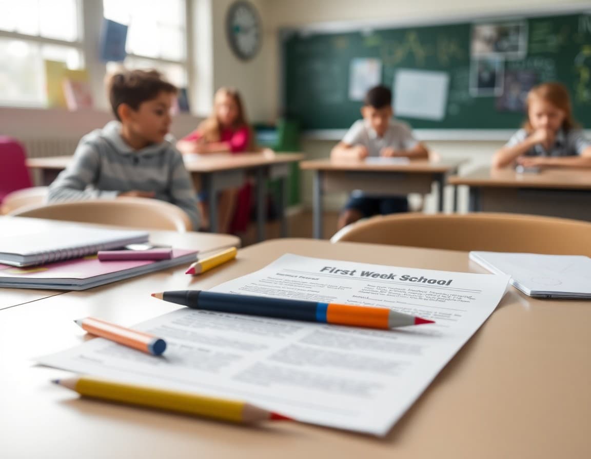 Back to school supplies and newsletter printed on desk ready for first week of school