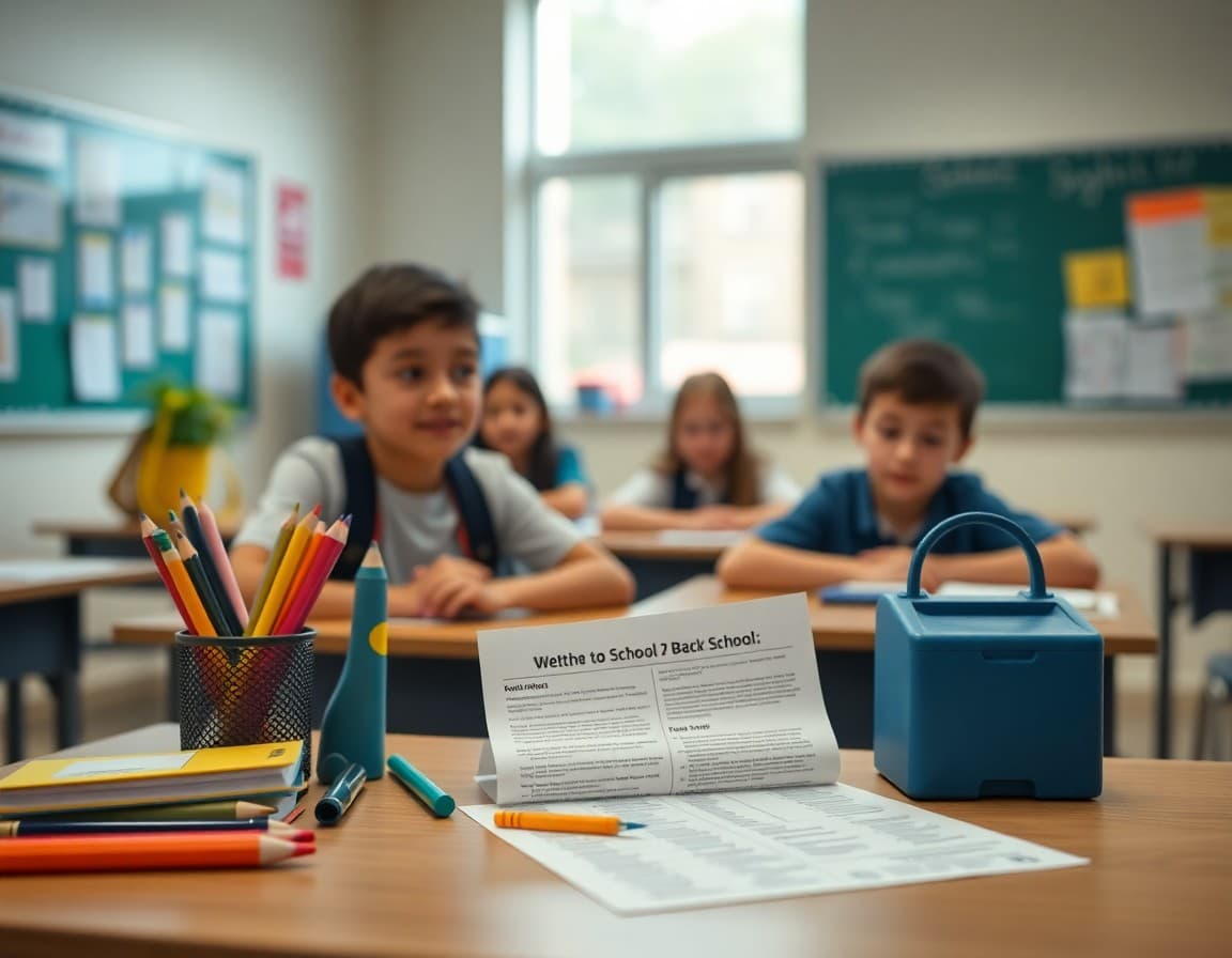 Back to school supplies and newsletter printed on desk ready for first week of school