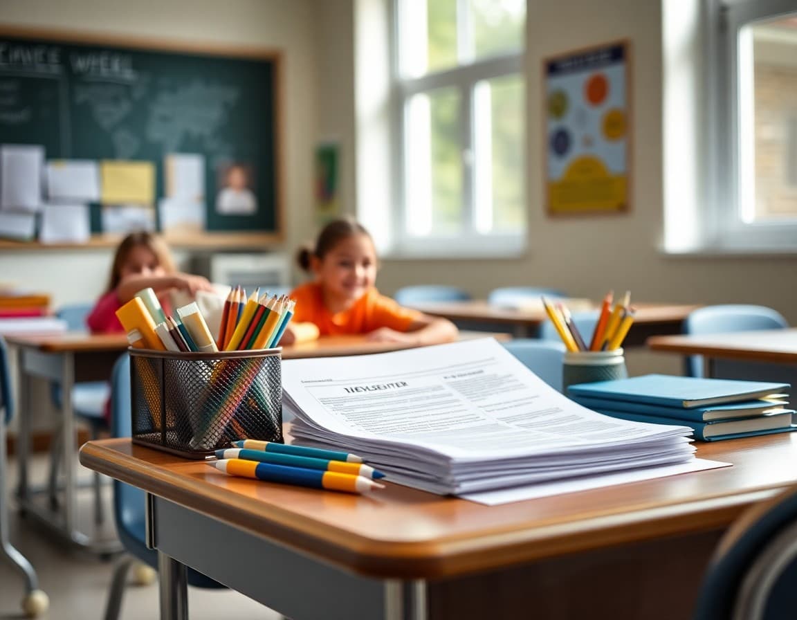 Back to school supplies and newsletter printed on desk ready for first week of school