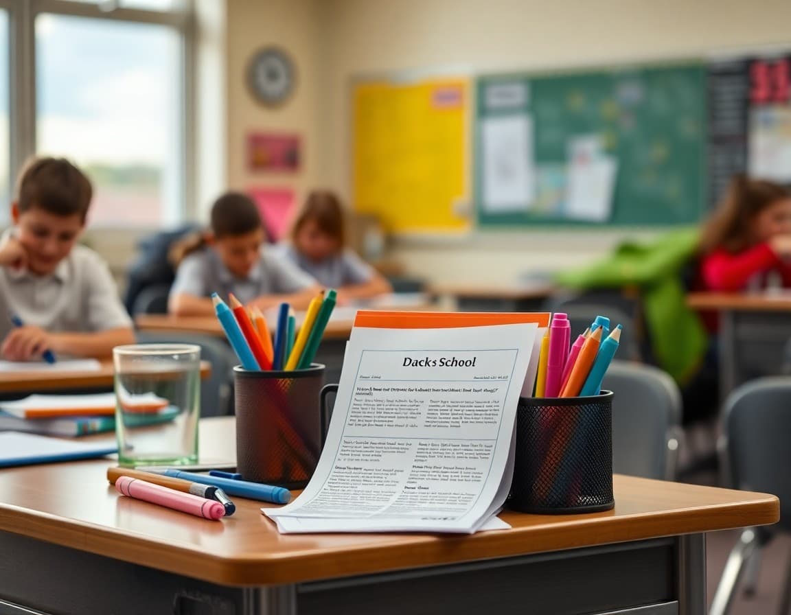 Back to school supplies and newsletter printed on desk ready for first week of school