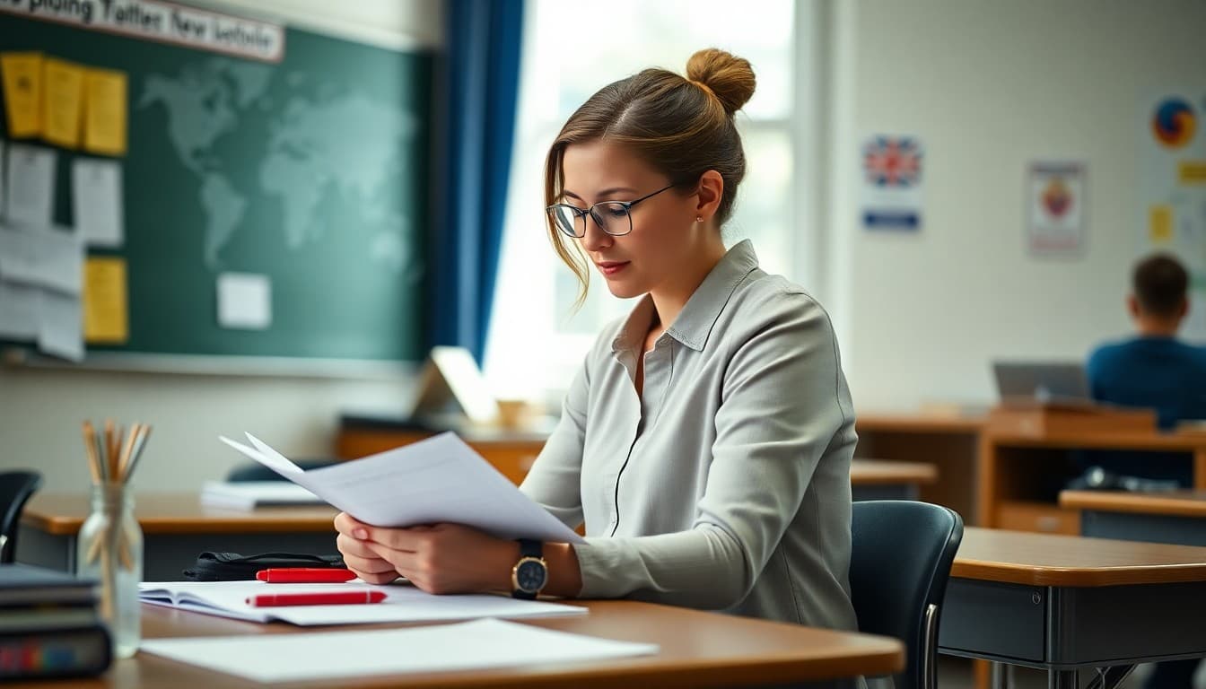 Massachusetts teacher preparing back to school newsletter at classroom desk before first day