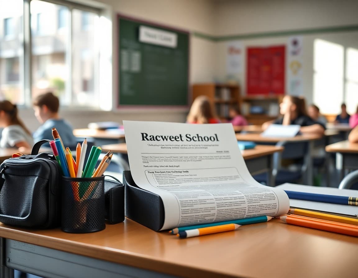 Back to school supplies and newsletter printed on desk ready for first week of school