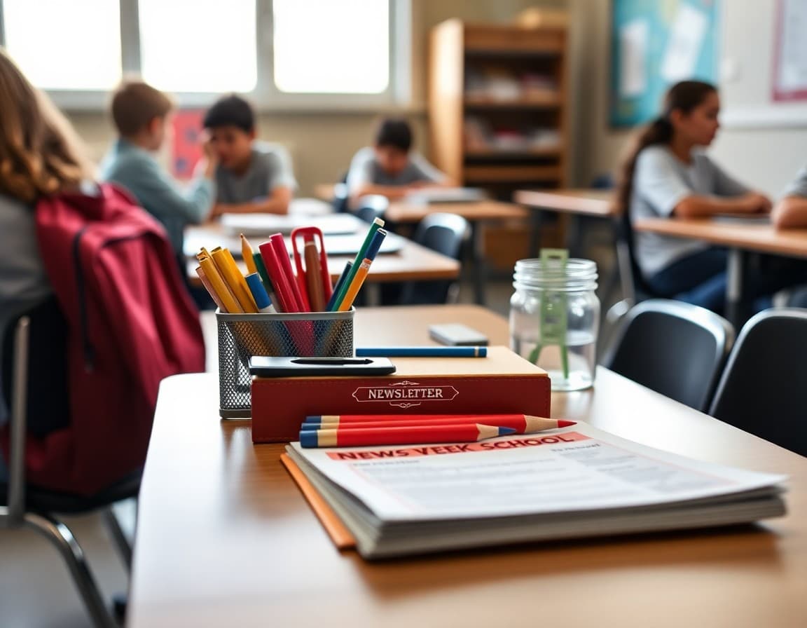 Back to school supplies and newsletter printed on desk ready for first week of school