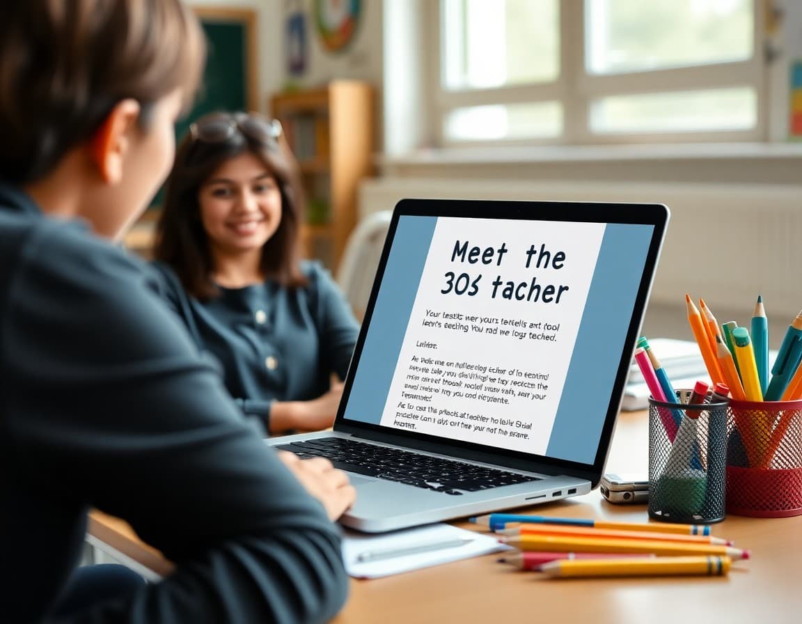 Meet the teacher letter template shown on a teacher's laptop screen with school supplies nearby