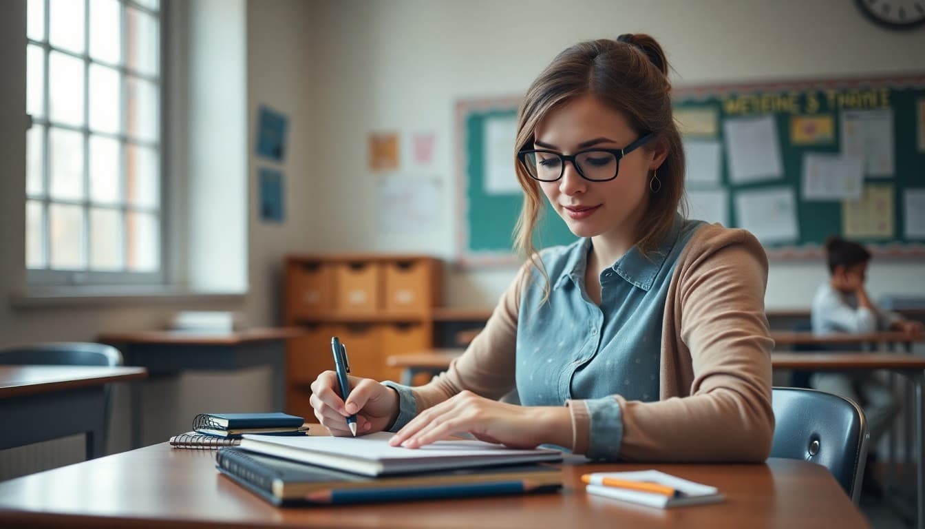 Teacher writing a meet the teacher letter at a desk before the school year starts