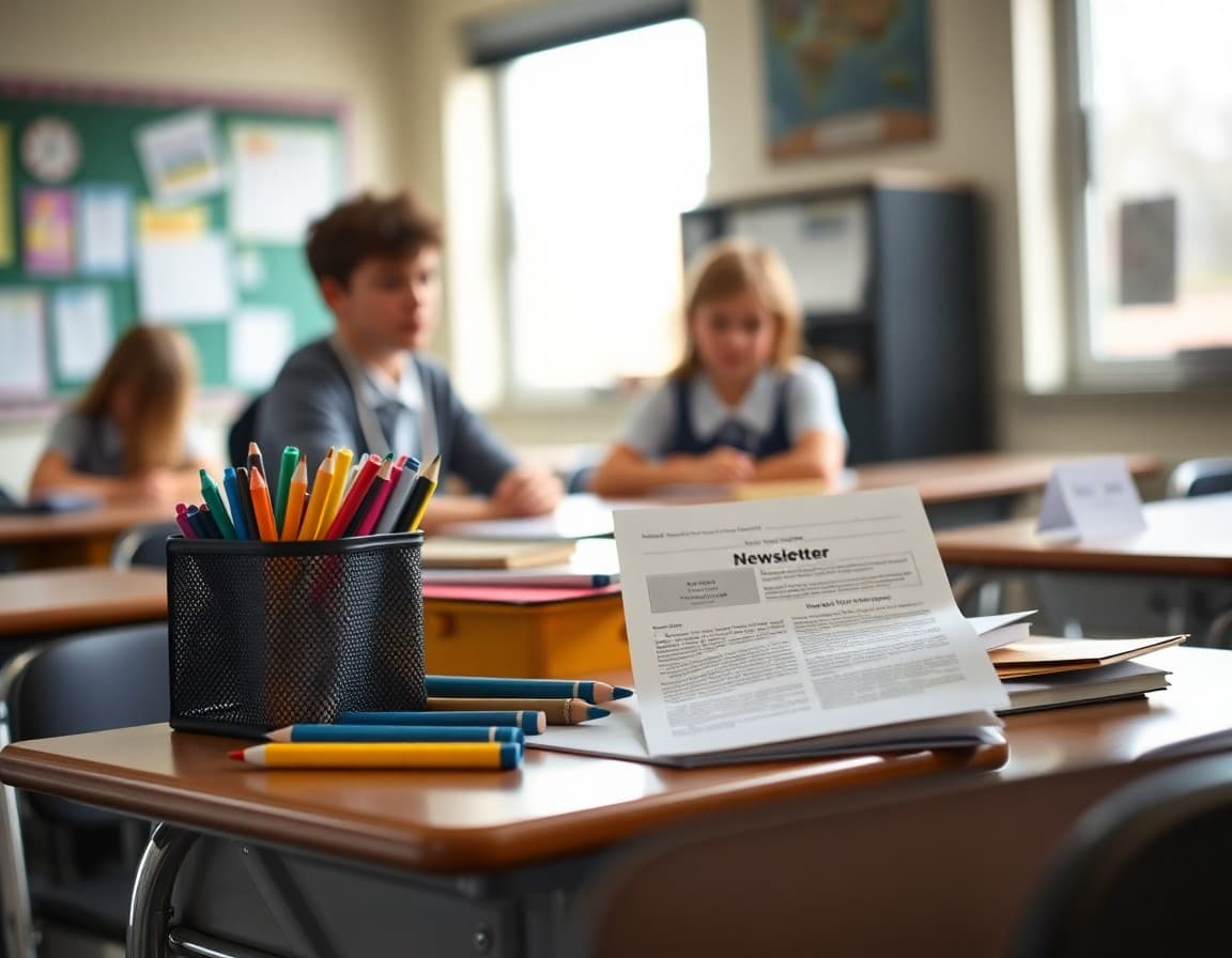 Back to school supplies and newsletter printed on desk ready for first week of school