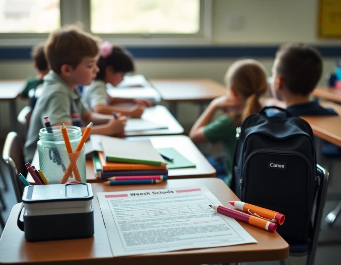 Back to school supplies and newsletter printed on desk ready for first week of school