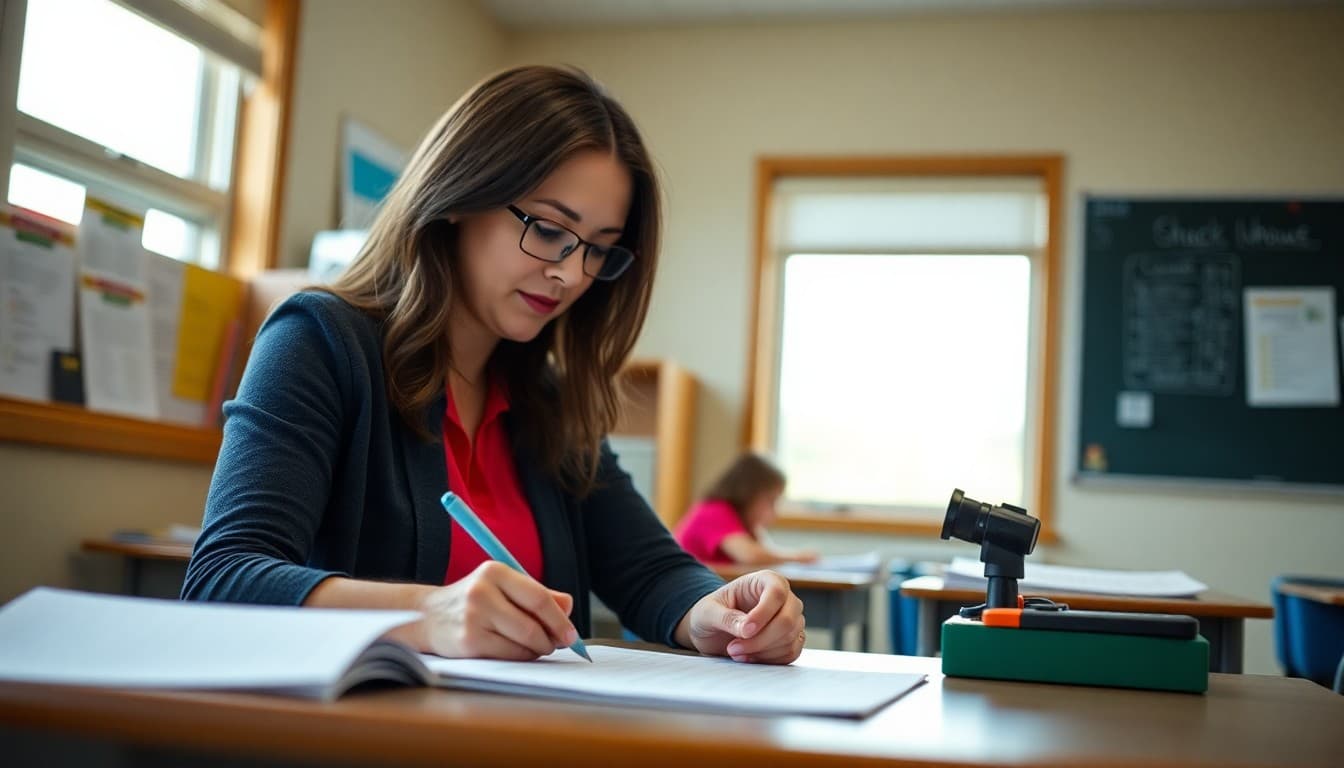 Minnesota teacher preparing back to school newsletter at classroom desk before first day