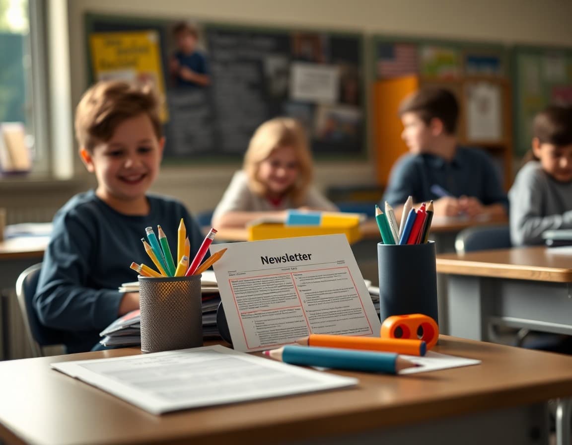 Back to school supplies and newsletter printed on desk ready for first week of school