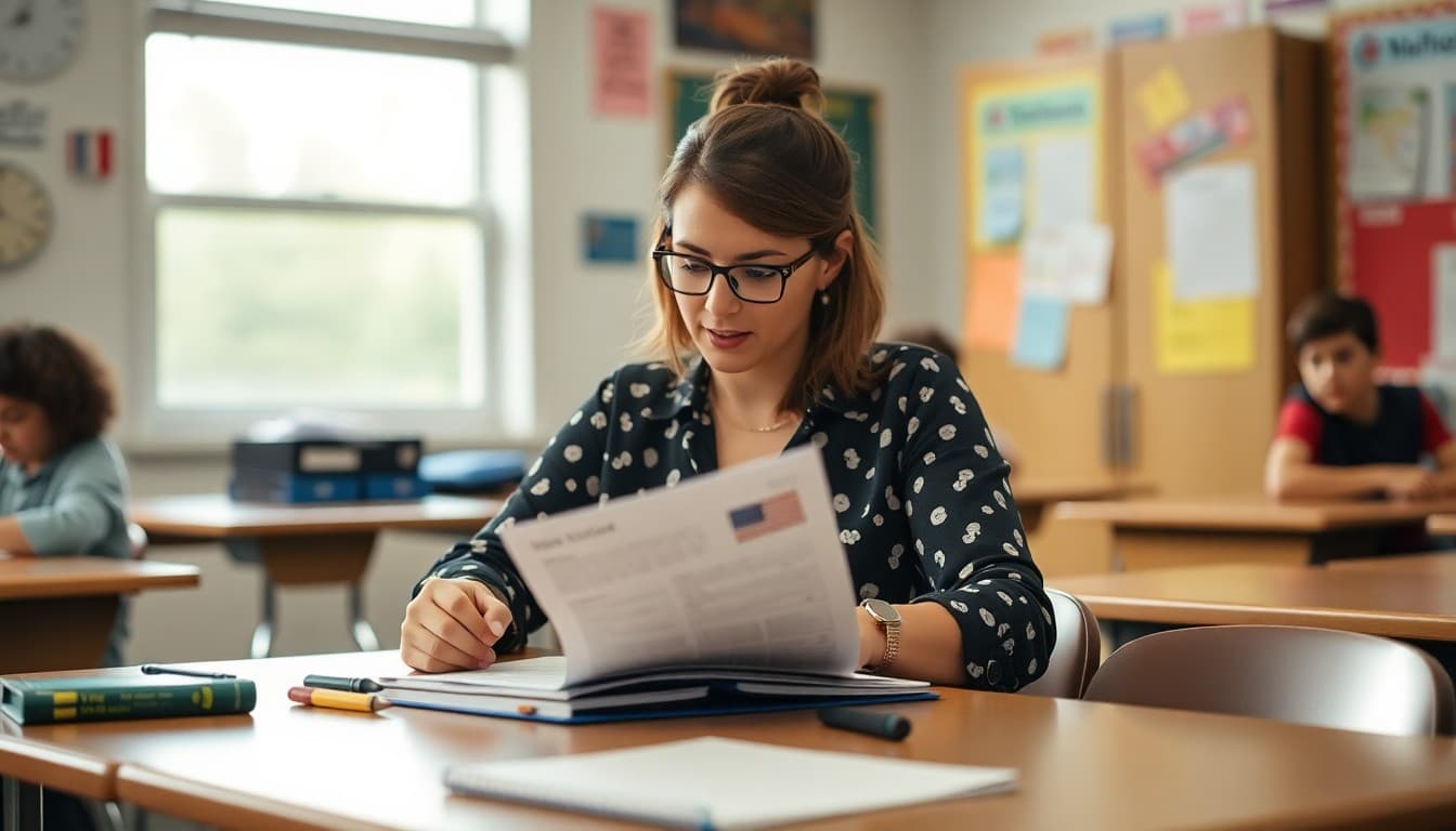 Missouri teacher preparing back to school newsletter at classroom desk before first day