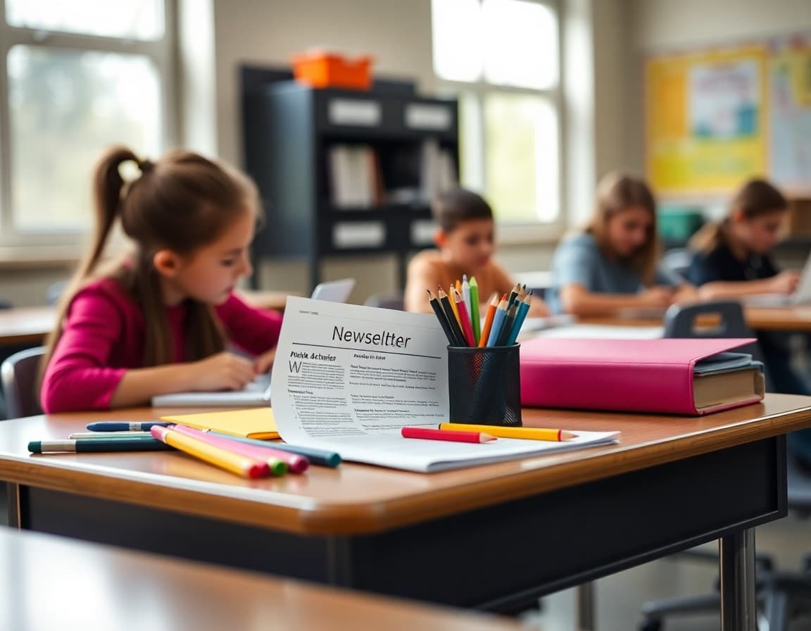 Back to school supplies and newsletter printed on desk ready for first week of school