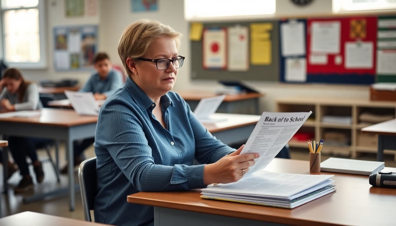 North Carolina teacher preparing back to school newsletter at classroom desk before first day