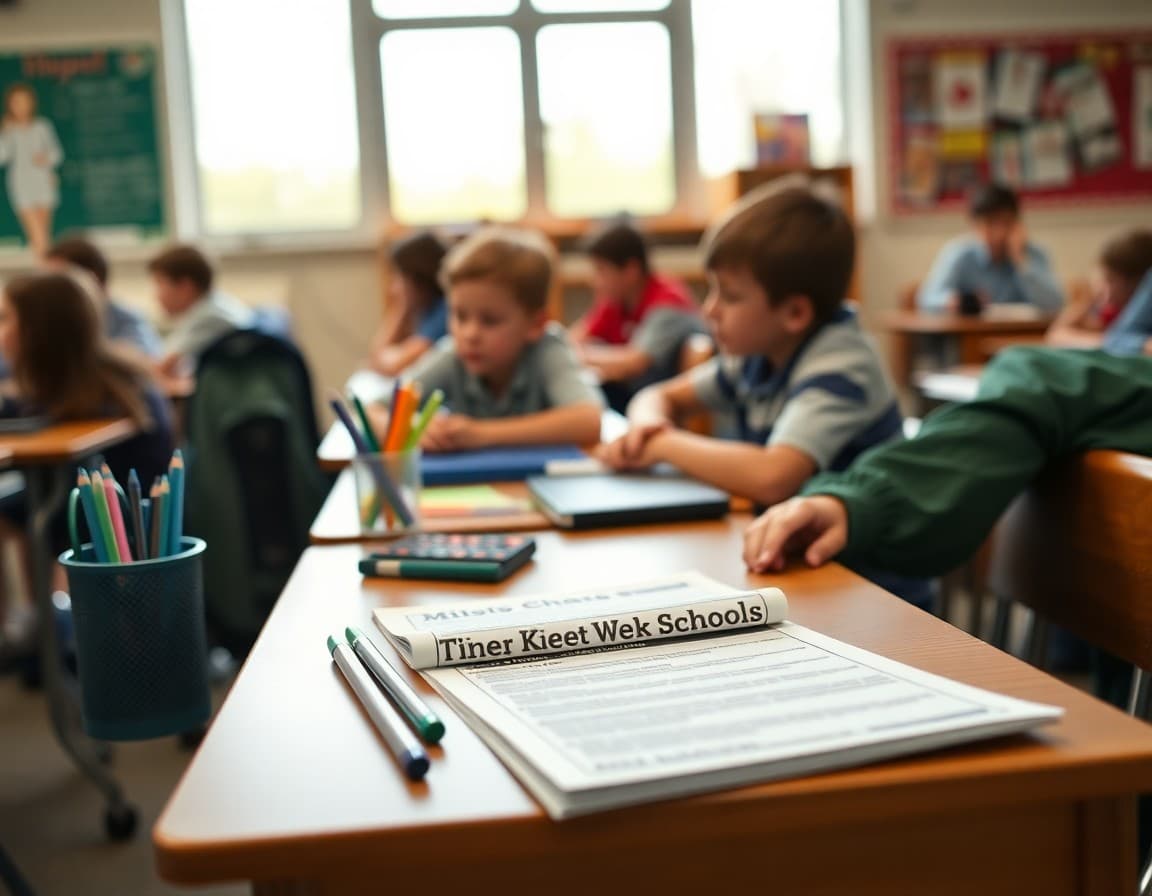 Back to school supplies and newsletter printed on desk ready for first week of school