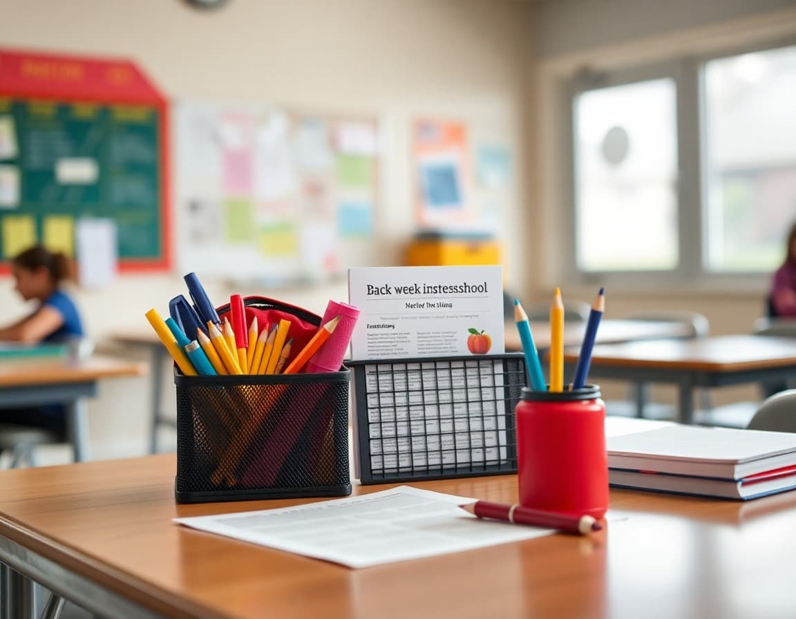 Back to school supplies and newsletter printed on desk ready for first week of school