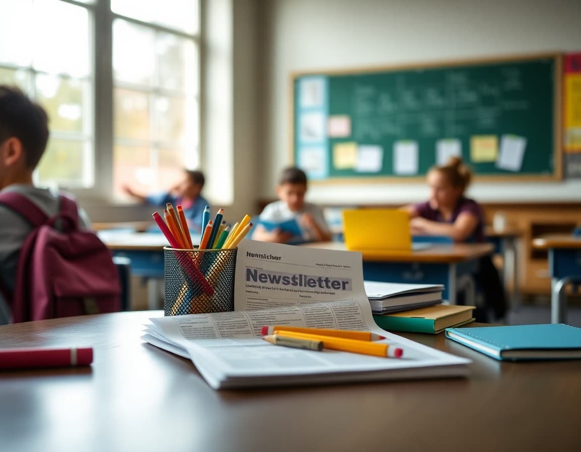 Back to school supplies and newsletter printed on desk ready for first week of school