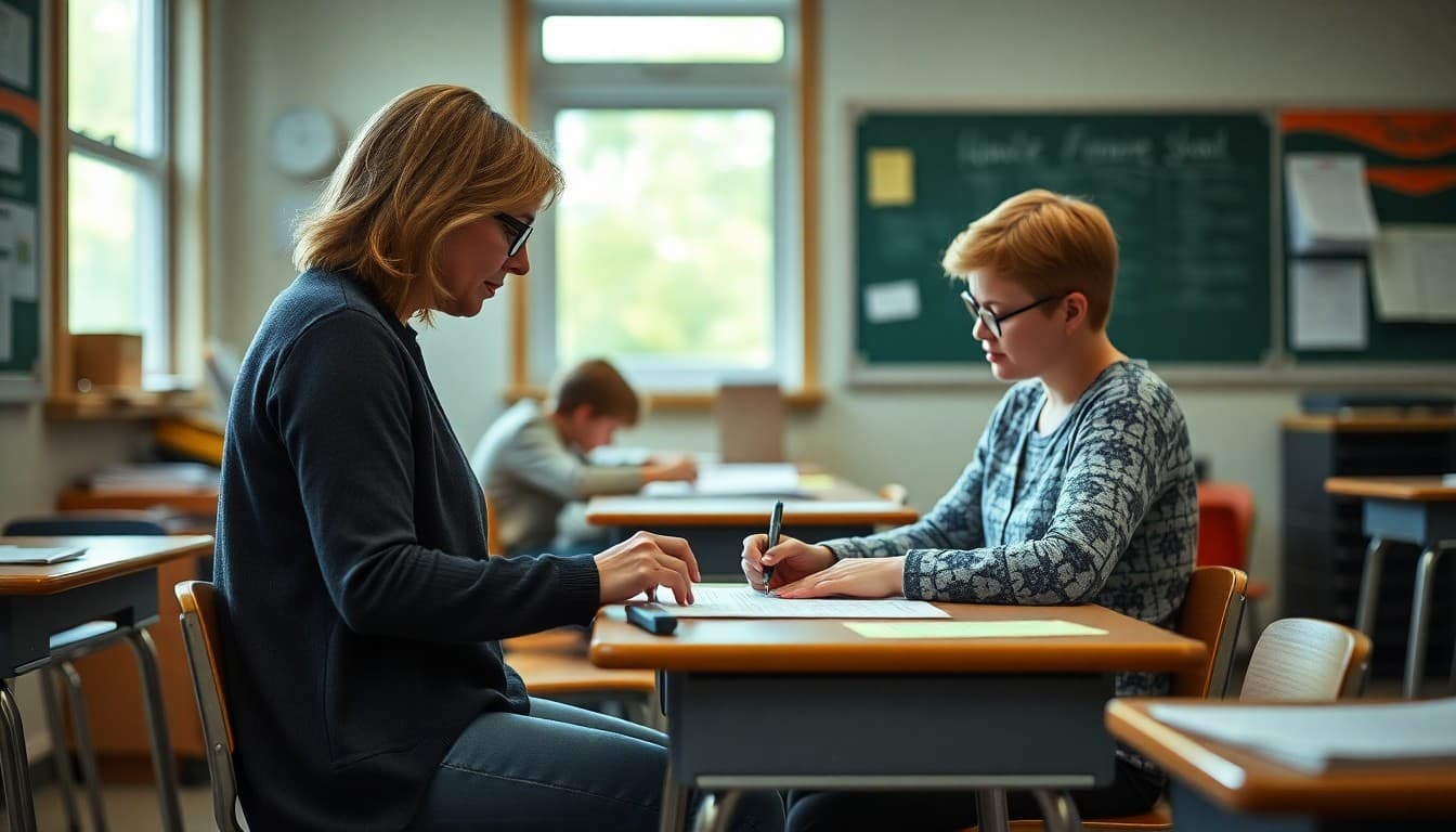 New Hampshire teacher preparing back to school newsletter at classroom desk before first day