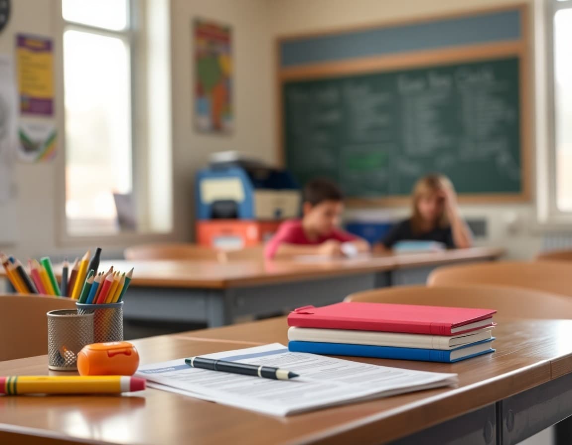 Back to school supplies and newsletter printed on desk ready for first week of school
