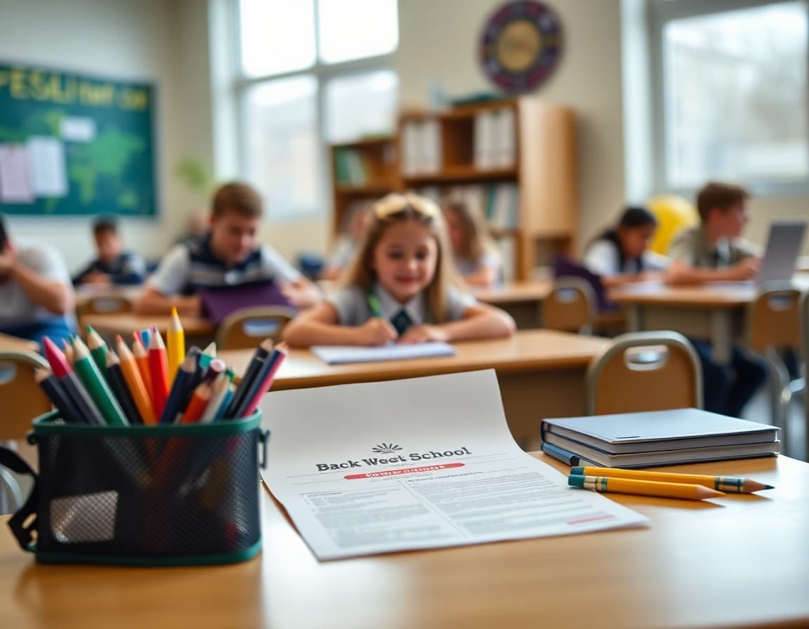 Back to school supplies and newsletter printed on desk ready for first week of school