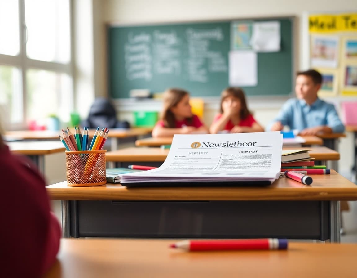 Back to school supplies and newsletter printed on desk ready for first week of school