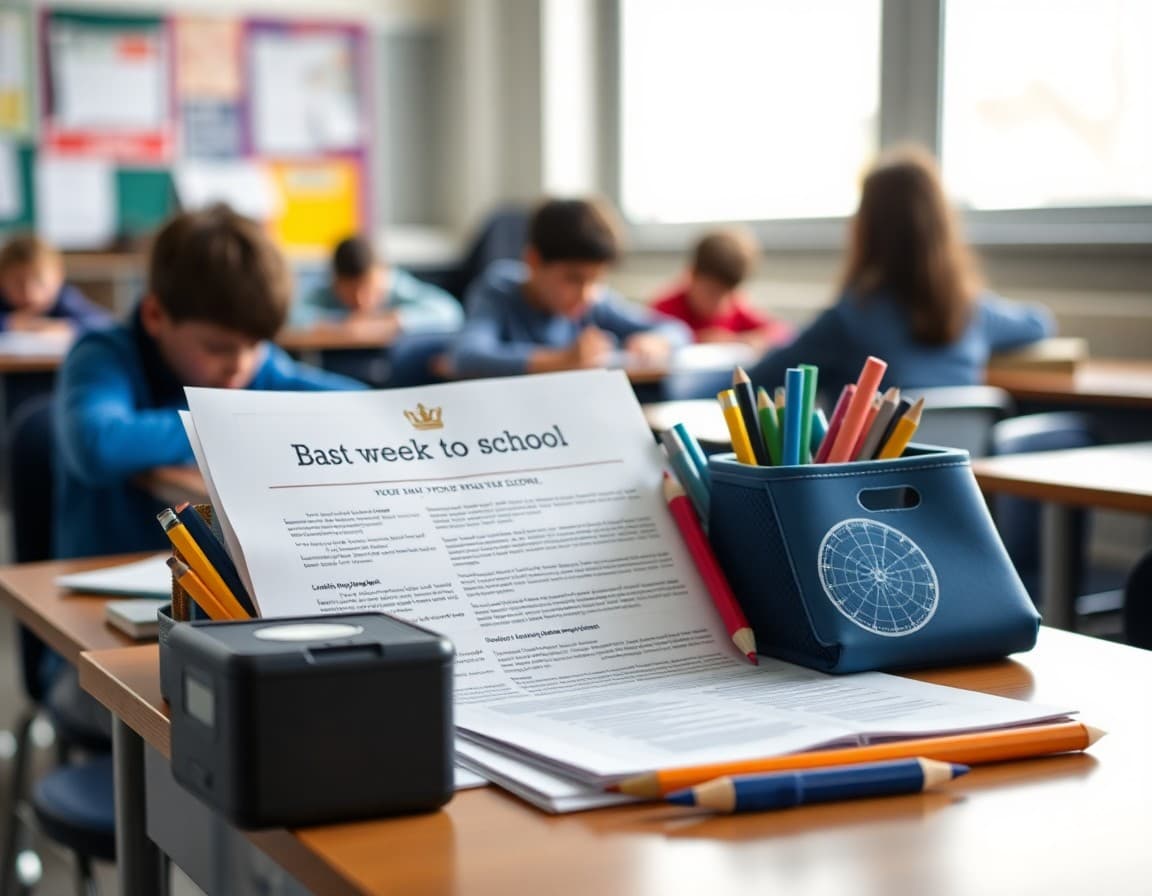 Back to school supplies and newsletter printed on desk ready for first week of school