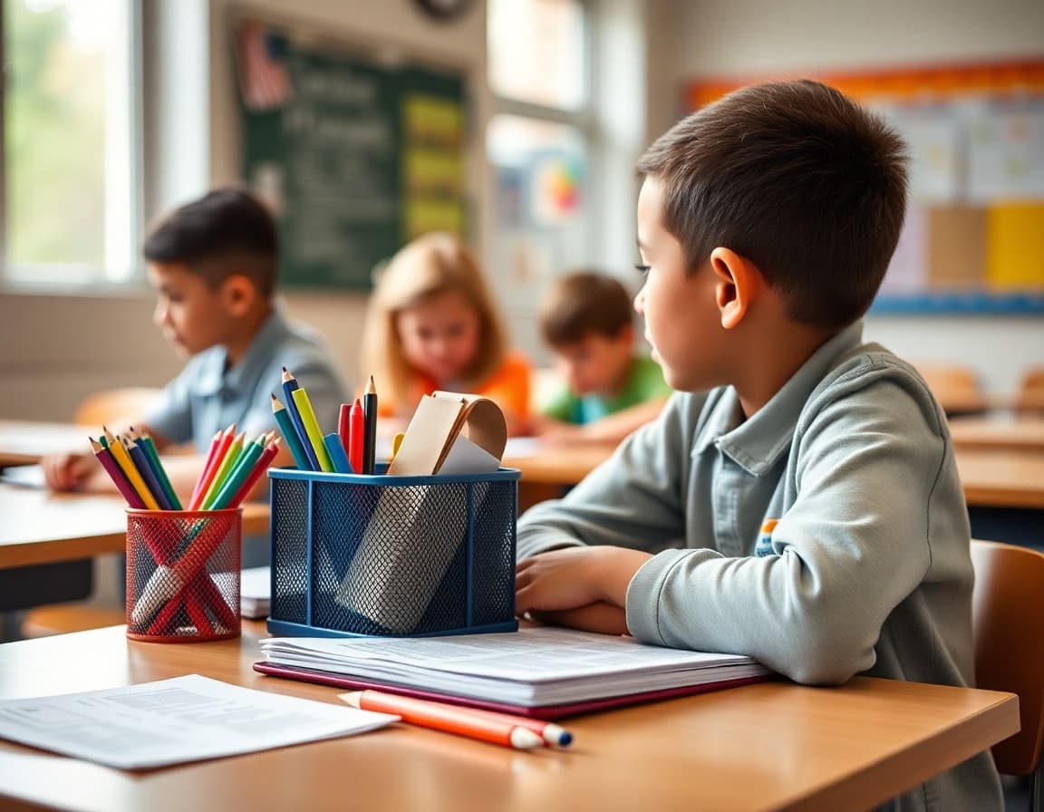Back to school supplies and newsletter printed on desk ready for first week of school