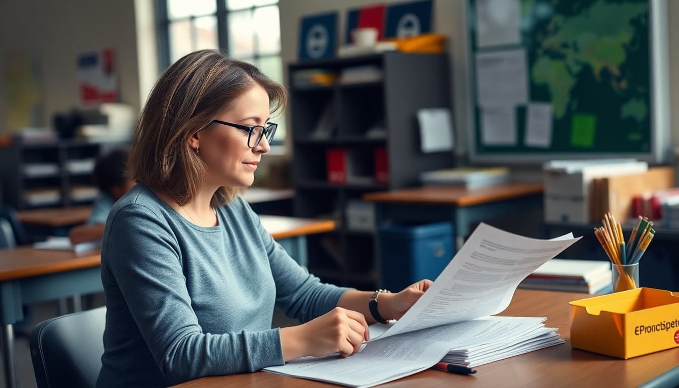 Ohio teacher preparing back to school newsletter at classroom desk before first day