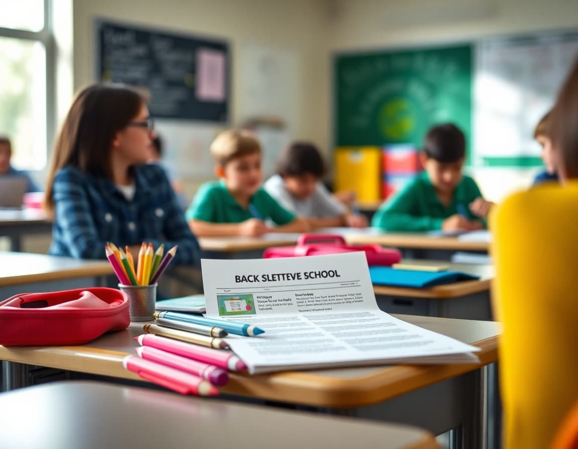 Back to school supplies and newsletter printed on desk ready for first week of school