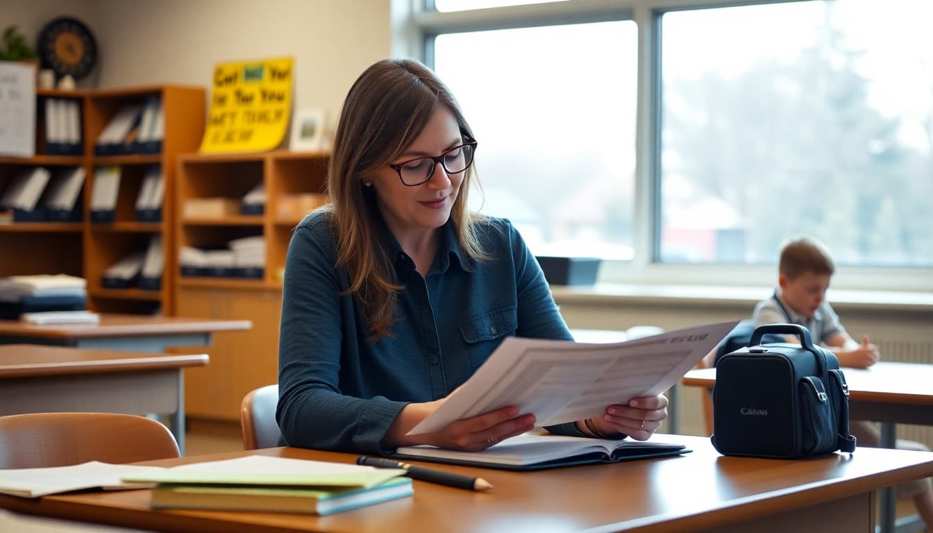 Oregon teacher preparing back to school newsletter at classroom desk before first day